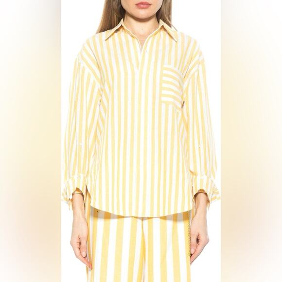 Alexia Admor Yellow Stripe Slouchy Oversized Boyfriend Button-Up Shirt - 2 - Picture 1 of 15